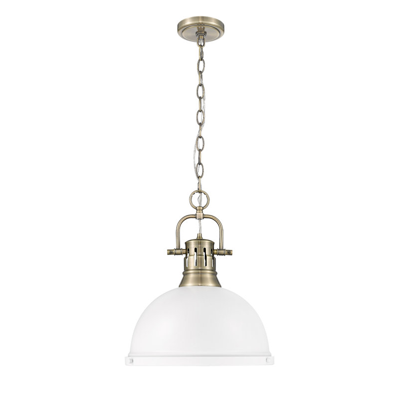 Luminaire suspendu 1 lumière avec chaîne Cajoux, Laiton vieilli, Blanc mat, H 14 po x l 14 po