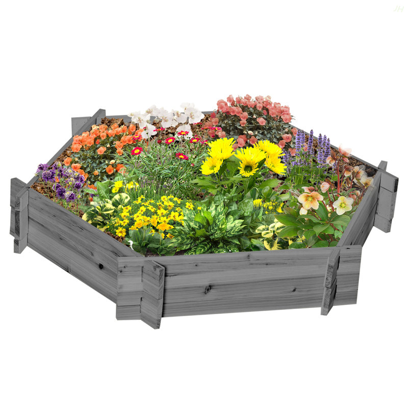 Outsunny Wooden Raised Garden Bed, Hexagon Screwless Planters For Outdoor Plants, Vegetables, Flowers, Herbs, 39" X 36" X 6", Gray