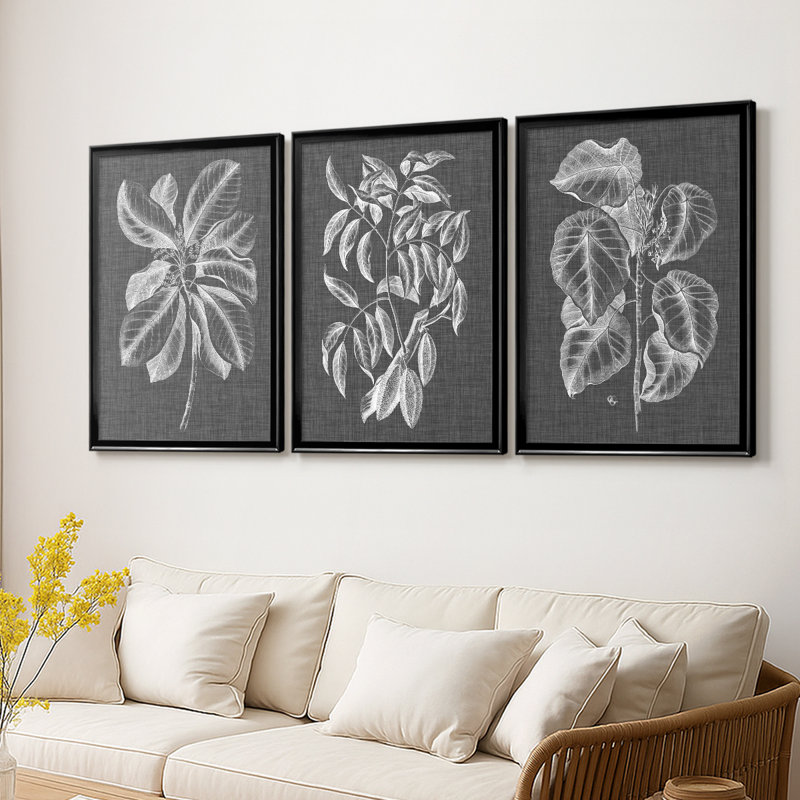Graphic Foliage II - Toile tendue avec châssis sur mesure - 3 pièces, Noir, H 19 po x l 27 po
