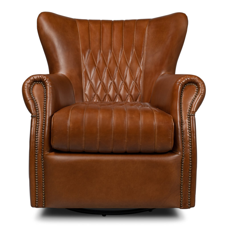 Vintage Havana Dark Brown Genuine Leather Swivel Accent Chair