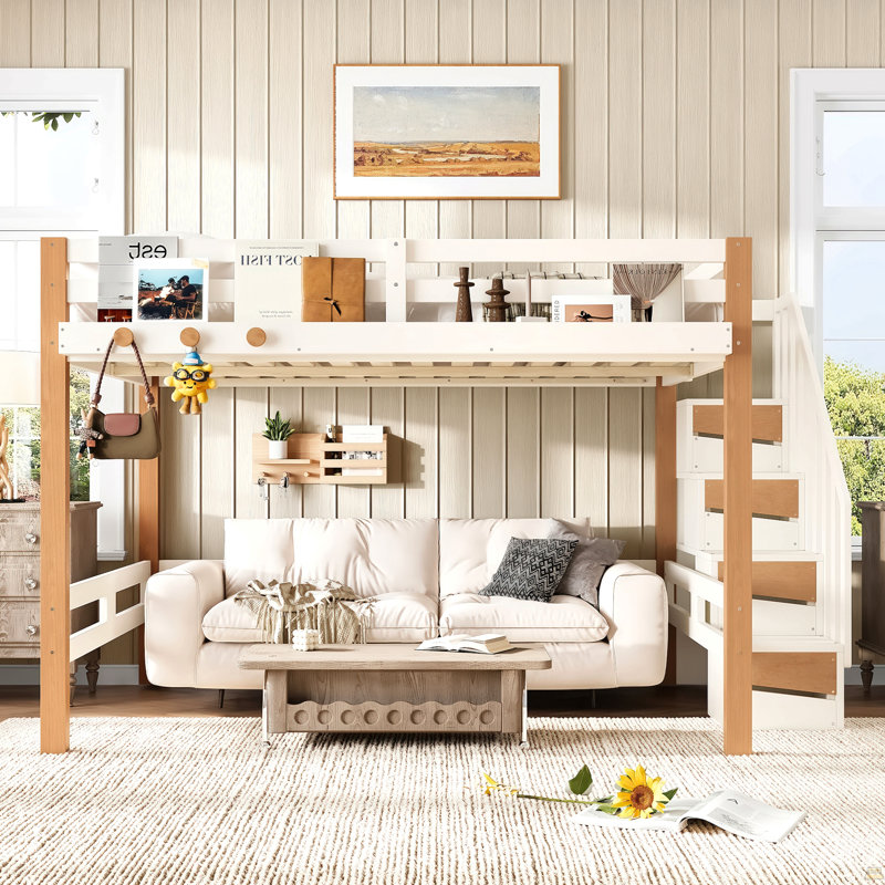 Lit mezzanine double avec crochet à vêtements et tablettes de rangement, cadre de lit mezzanine en bois avec petite tablette