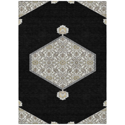 10' X 14' Black Oriental Washable Indoor Outdoor Area Rug