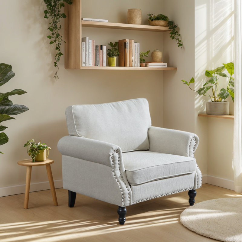 40" Faux Leather Upholstered Single Sofa Accent Chair With Nailhead Trim, Beige Faux Leather