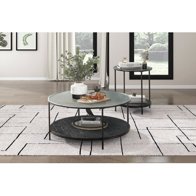 Ensemble de table d'appoint en métal noir - table basse et table de bout en verre 2 pièces, décor de salon moderne
