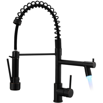 Robinet de cuisine contemporain avec bec rétractable à DEL, bronze huilé, robinet à fonction levier unique, couleur bronze, poignée, contrôle avancé de l'eau