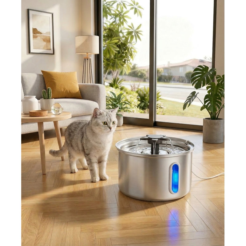 Fontaine à chat en acier inoxydable pour utilisation intérieure, 101 oz / 3 L automatique ultra-silencieuse avec fenêtre de niveau d'eau à DEL, sans BPA, comprend 2 filtres et 2 éponges