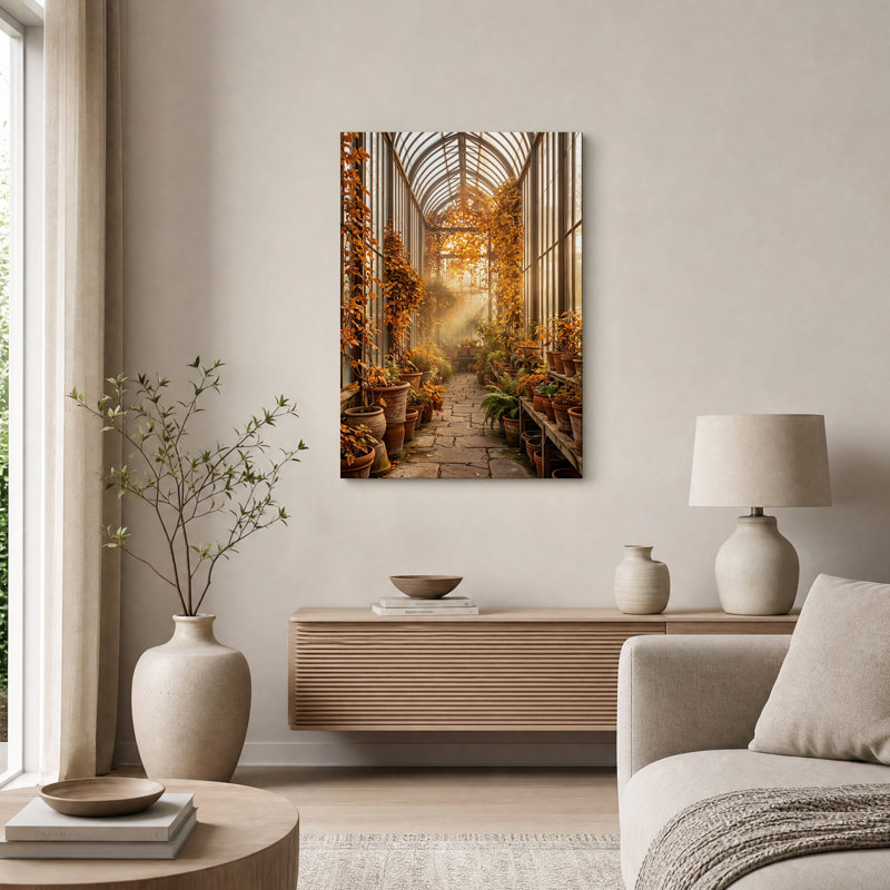 Serre ensoleillée avec pots en terre cuite et plantes grimpantes - Tableau sur toile, H 48 po x l 32 po