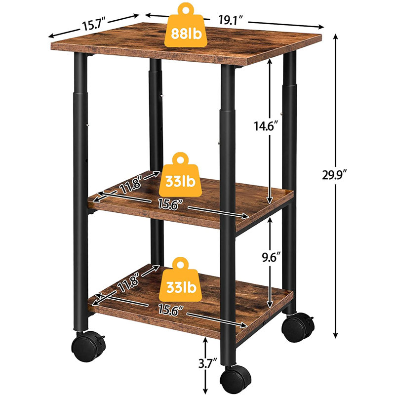 Support d'imprimante avec roulettes H 29,9 po x l 19,1 po, Brun