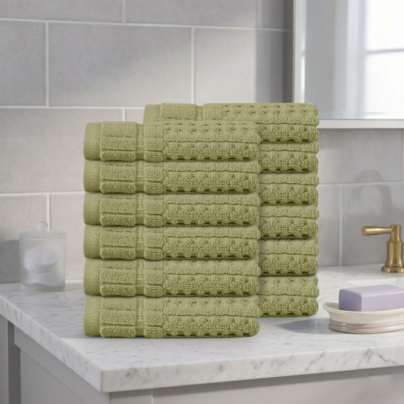 Ensemble de serviettes de toilette 12 pièces Willow - 100% coton peigné, qualité supérieure 630 g / m², vert, ultra doux et très absorbant (12 serviettes de toilette)