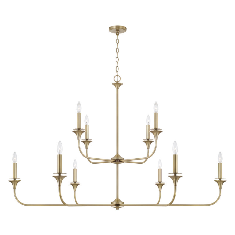 56" W x 35" H 10-Light Two-Tier Chandelier in Aged Brass with Flared Candlesticks