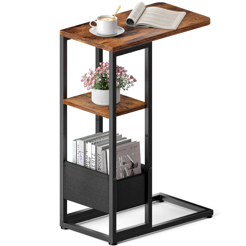 C Shaped End Table With Storage Bag for Living Room, Bedroom, Small Spaces , Rustic Brown, Black