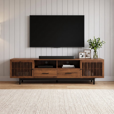 Meuble télé de 78 pouces avec portes à lattes, deux tiroirs à glissières douces et charnières à fermeture amortie – Console multimédia moderne pour téléviseurs jusqu'à 85 pouces dans le salon et la chambre