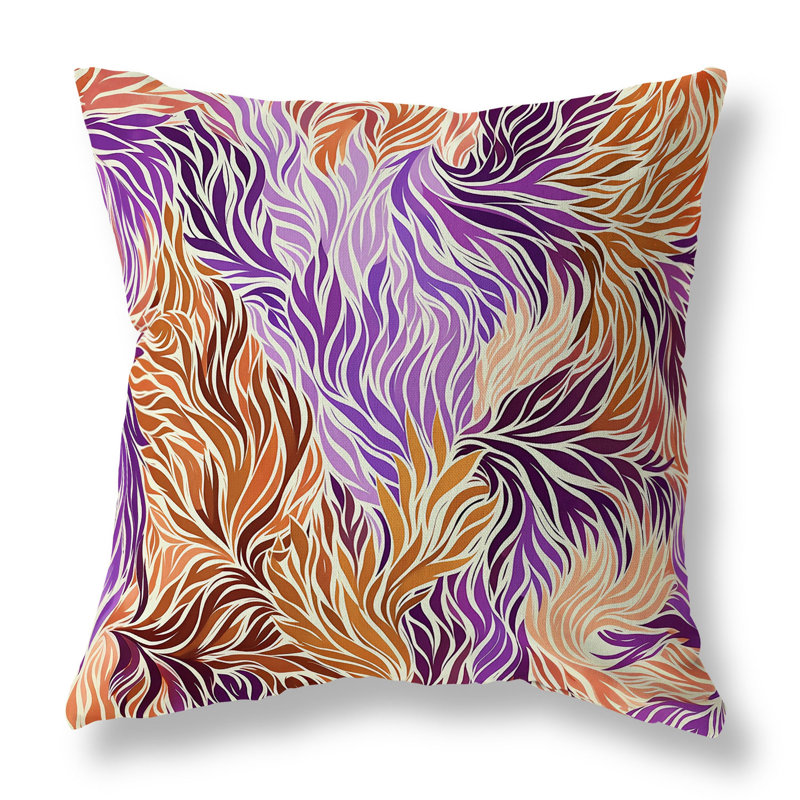 Oreiller réversible à motif floral intérieur / extérieur Leafy Whirl, Orange / floral mauve, H 20 po x l 20 po