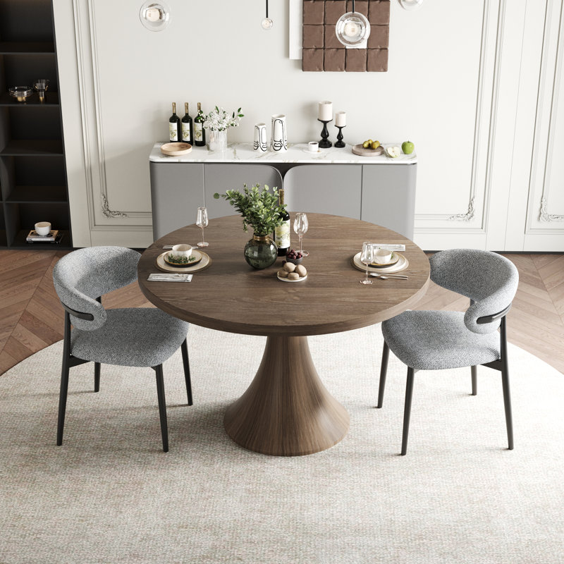 Ensemble de salle à manger à piédestal moderne en bois massif avec chaises rembourrées en tissu gris