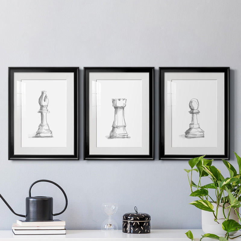 Chess Room Study IV - Ensemble de 3 peintures encadrées, H 24,5 po x l 55,5 po x P 1 po, Cadre noir