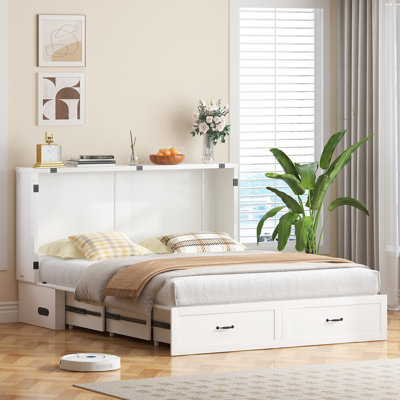 Queen Murphy Bed with USB, Storage Drawers & Folding Mattress