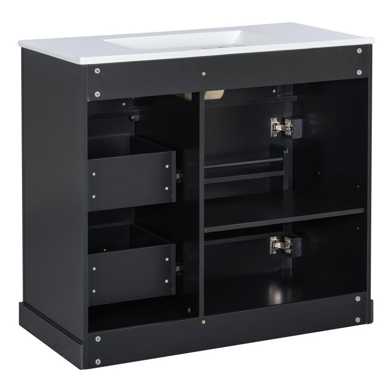 Meuble-lavabo 36 po avec lavabo et rangement, Noir, Doré