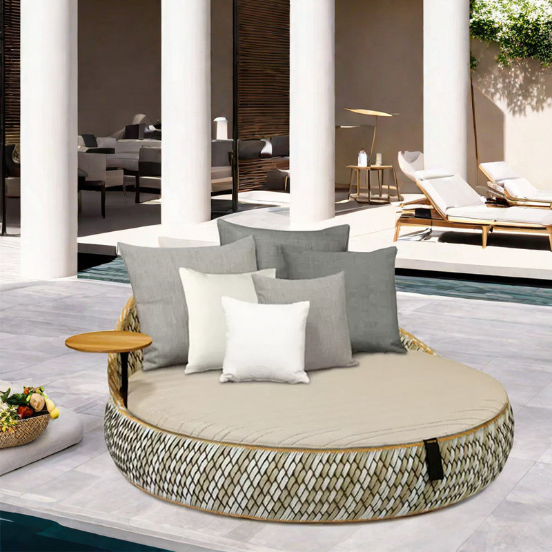 PE Rattan Patio Daybed 77.56'' Wide Circle Wicker Patio Daybed with Cushions, Beige, Gray