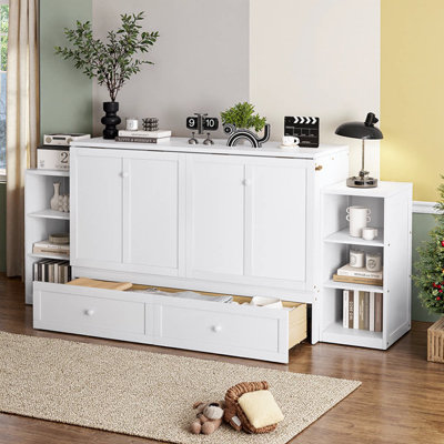 UnaFlora Queen Size Murphy Bed With Storage Drawers & Shelves, Wall Cabinet Design, Pine/MDF Construction