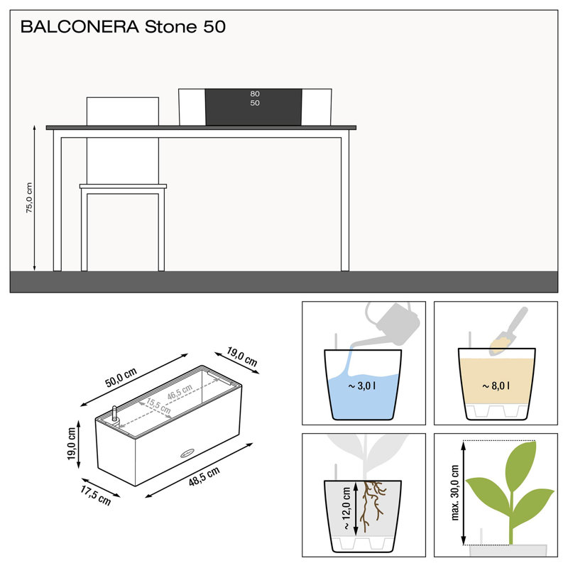 Balconera Window Box Planter, 19 cm H x 50 cm W x 19 cm D, Graphite Black