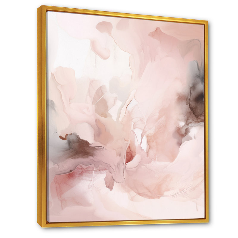 Rose délicat abstrait marbre III - art mural abstrait en marbre, H 32 po x l 24 po x P 1 po, Cadre flottant doré