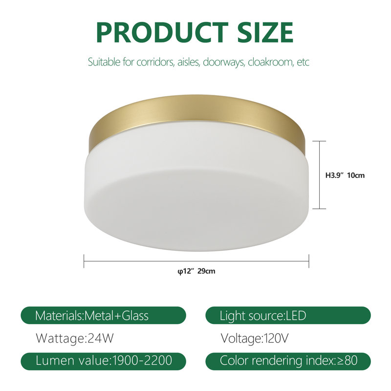 LED Flush Mount Ceiling Light with Glass, Gold