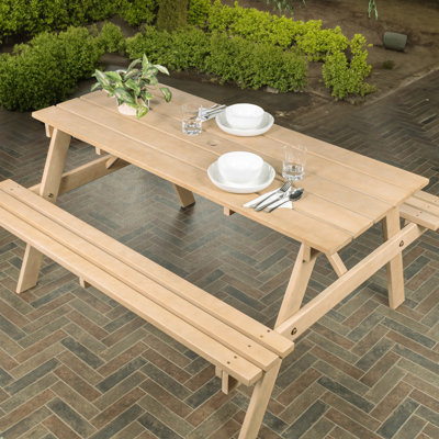 Shoreham 55.18" Classic Eucalyptus Wood Outdoor Picnic Table with Built-In Benches and Umbrella Hole, Light Teak for Patio and Backyard