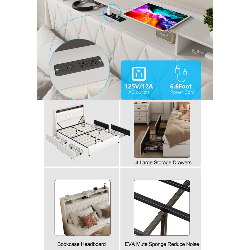 Cadre de lit double avec tête de lit ergonomique, cadre de lit plateforme double avec prises et chargeur, cadre de lit double avec tablette de rangement, cadre de lit double, silencieux, pas de sommier tapissier nécessaire