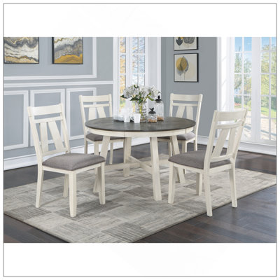 Table de salle à manger 5 pièces, ensemble de salle à manger, table ronde et 4 chaises d'appoint, siège à coussin en tissu gris, lignes blanches, plateau de table en bois