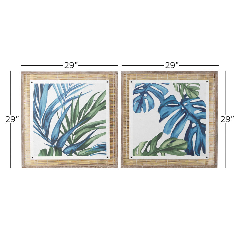 Blue and Green Abstract Leaf Wall Art with Brown Wood Frame, Set of 2