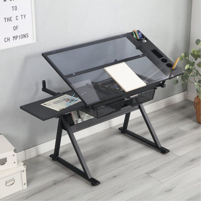 Matxalen Adjustable Height Tempered Glass Steel Drafting Table, Black