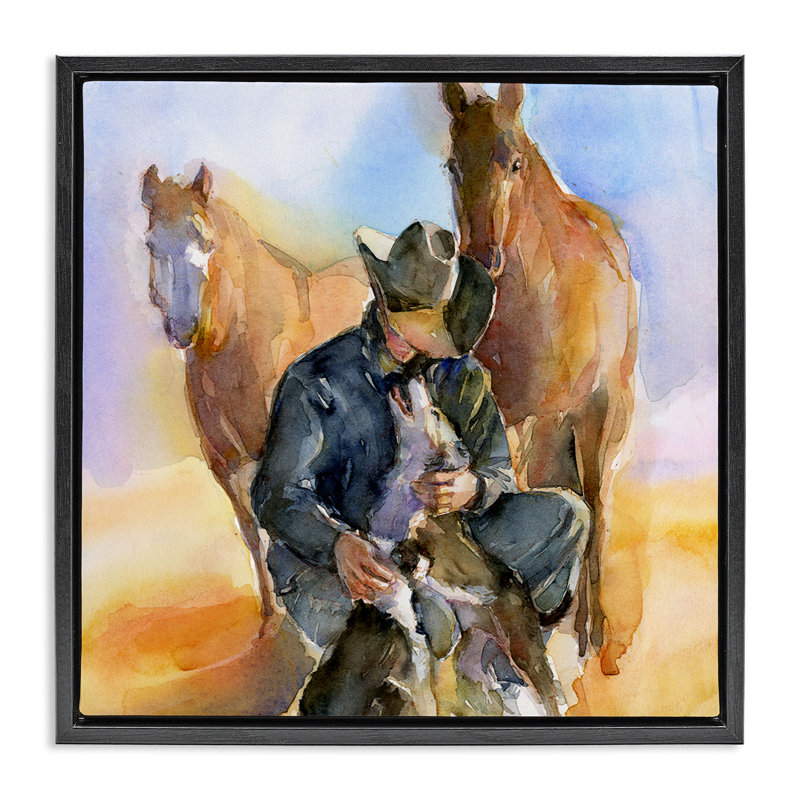 Cowboy et animaux à l'aquarelle, Cadre flottant noir de jais, H 18 po x l 18 po