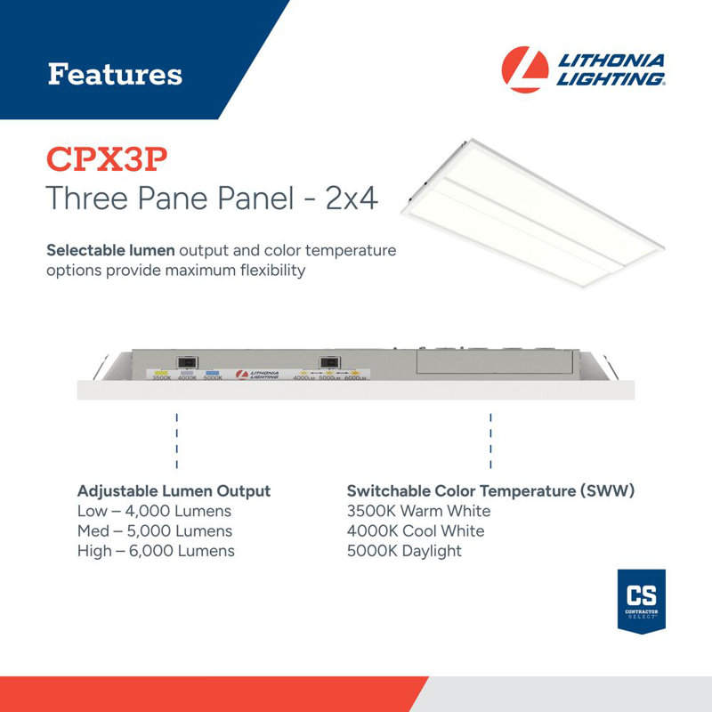 Panneau à trois panneaux DEL Lithonia Lighting 2X4, lumens et température de couleur, UVOLT