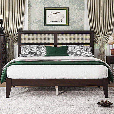 Queen Size Rubber Wooden, Solid Wooden Bed with Rattan Headboard, Enhanced by Support Feet