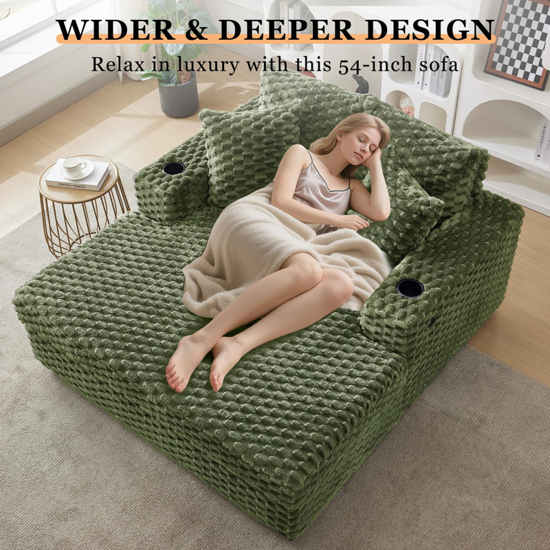 Chaise longue surdimensionnée en velours côtelé de 60 po avec accoudoirs, coussins décoratifs, ports USB et porte-gobelets, grand fauteuil inclinable moderne