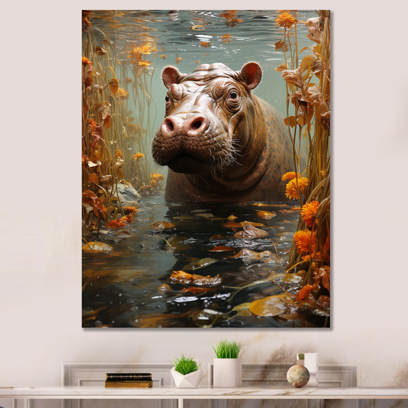 Hippopotame gris - Gardien de la savane II - Hippopotame, Toile tendue, H 40 po x l 30 po x P 1,5 po