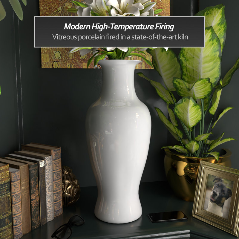 24" Blue And White Floral Porcelain Fishtail Vase, White, 23.75" H x 10.25" W x 10.25" D