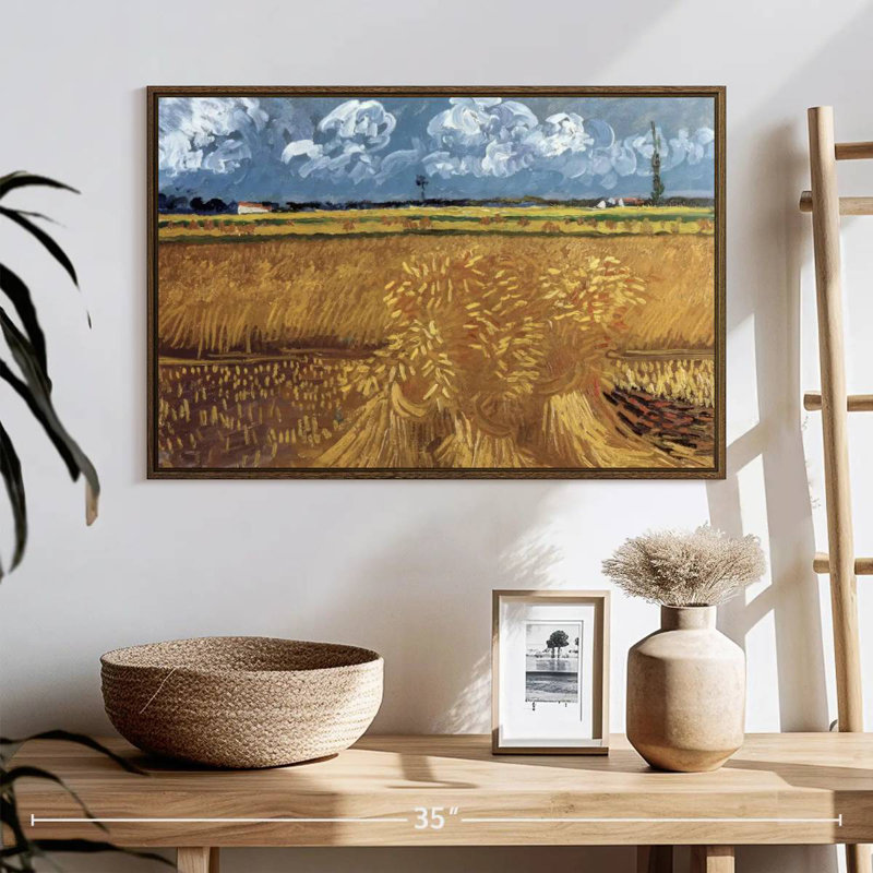Champ de blé avec réas, 25 po x 17 po, Cadre flottant en noyer