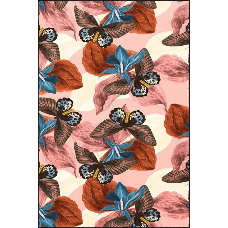 Tapis rose lavable à la machine à motif de feuilles et de papillons roses, Sous-tapis rectangulaire 4 pi 7 po x 6 pi 7 po inc