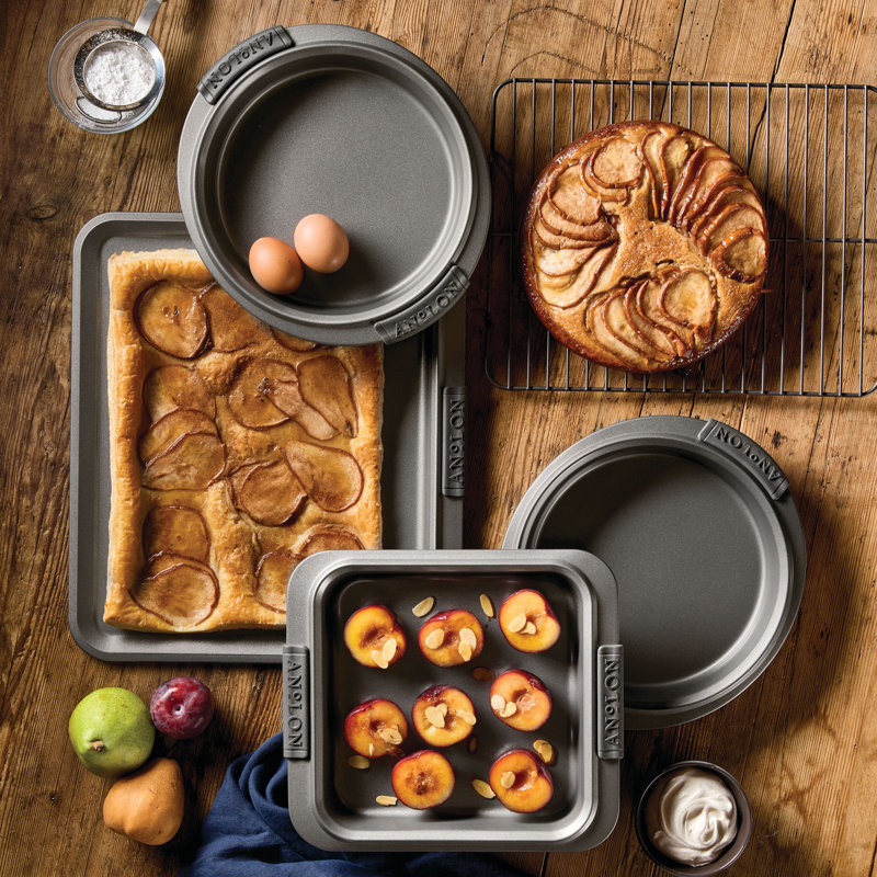 Anolon Advanced Nonstick Bakeware / Baking Set with Silicone Grips, Gray, 5-Piece Set (3 Cake Pans, 1 Cookie Sheet, 1 Rack)