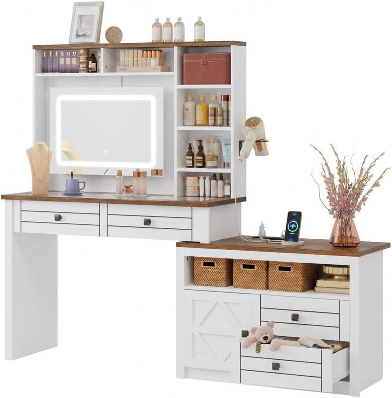Coiffeuse blanche avec miroir et lumières, table de maquillage à 5 tiroirs avec station de charge et miroir réglable