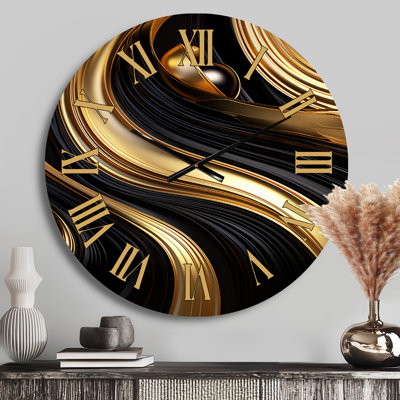 Abstract Liquid Gold And Black Swirl I - Abstract Spirals Golden Face Wall Clock