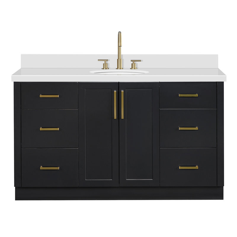Meuble-lavabo ovale simple de 61 pouces avec comptoir en quartz blanc pur de 1,5 pouce d'épaisseur et finition noire., Ovale