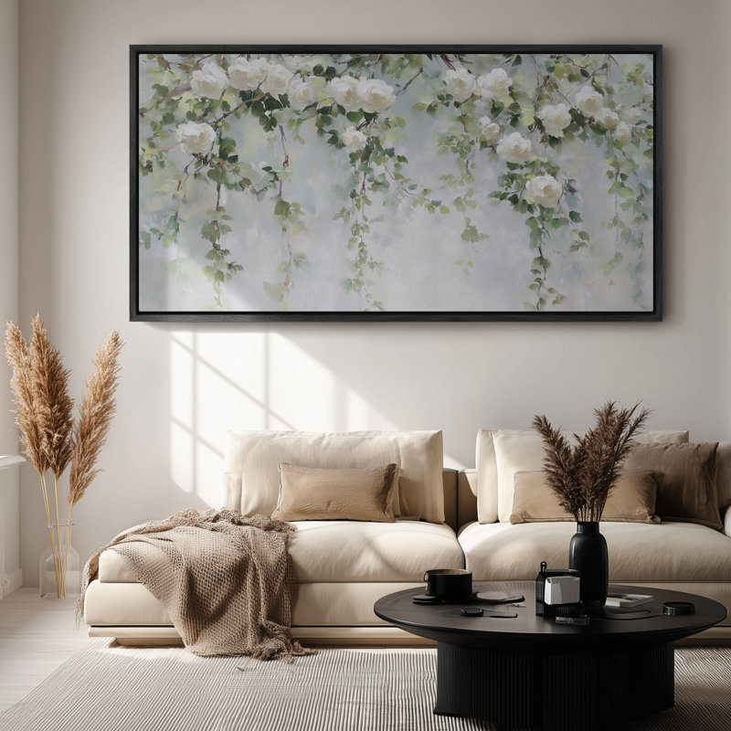 Art mural encadré sur toile - Vignes de roses blanches élégantes avec feuillage vert - 16 po x 24 po, 24 po x 36 po, Noir