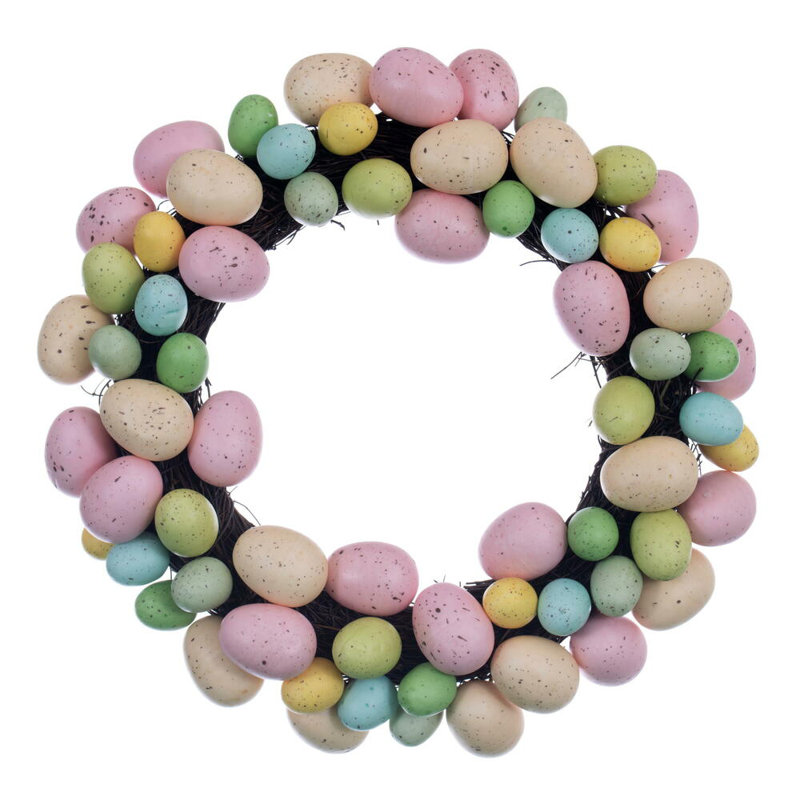 13" Artificial Pastel Easter Egg Wreath on a grapevine base.
