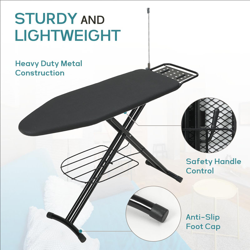 Ironing Board 48X15 In,  Large Heavy Duty Ironing Boards Full Size With Pad And Cover, Height Adjustable Iron Stand With Storage Tray And Iron Rest, Black