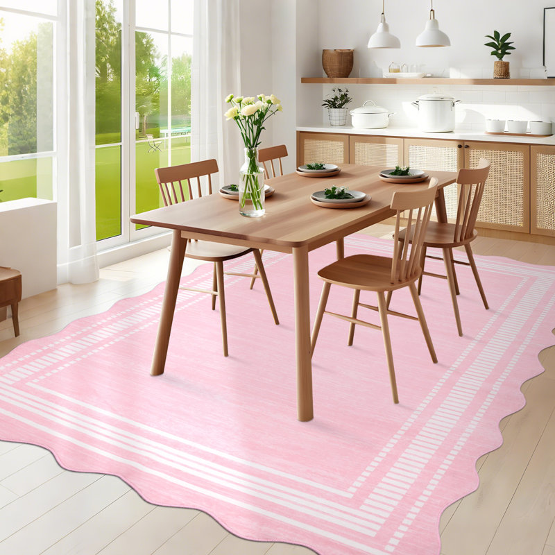 Scalloped 9x12 Area Rug Washable, Modern Pearl Velvet Living Room Carpet with Non-Slip Backing & Low Pile, Pink