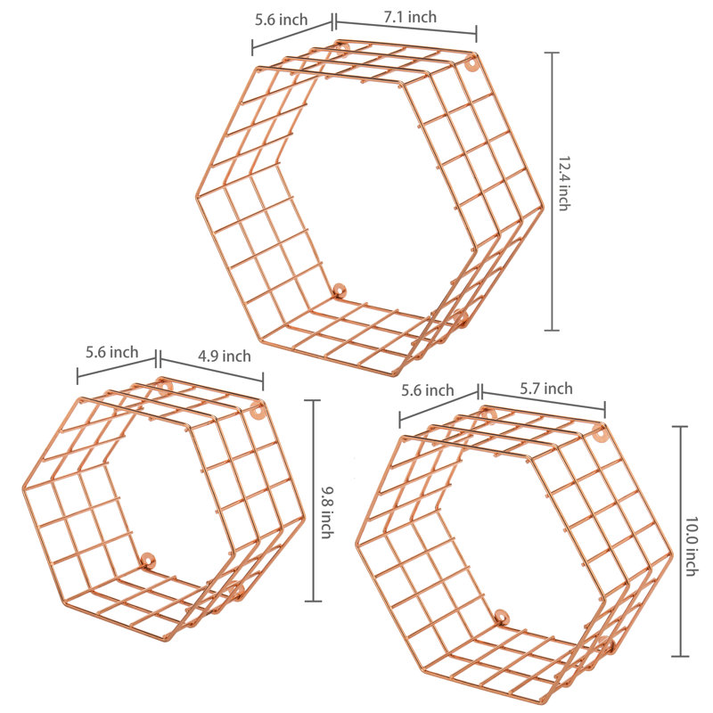 Mthimunye 3 Piece Hexagon Metal Floating Shelf, Copper