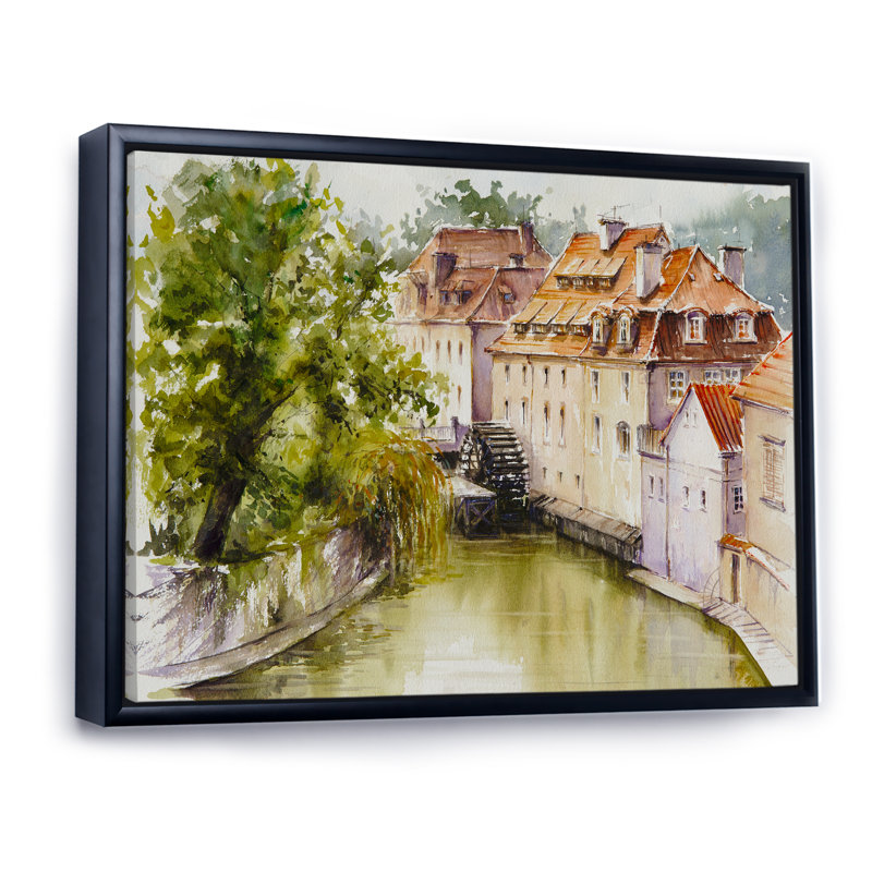 «Old Prague Watermill Over Chertovka River», reproduction d'art sur toile, H 16 po x l 32 po x P 1 po, Cadre flottant noir