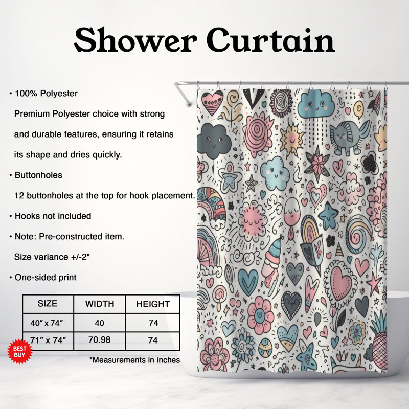 Rideau de douche 1 pièce Playful, H 74 po x l 71 po